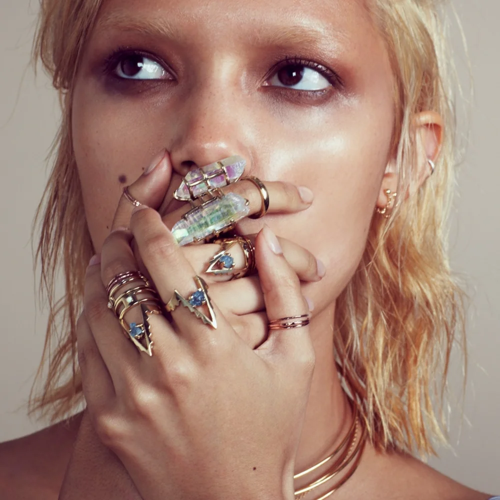 Vanessa Mooney x For Love And Lemons Ring Supernova Unearthly Brass Aqua Quartz